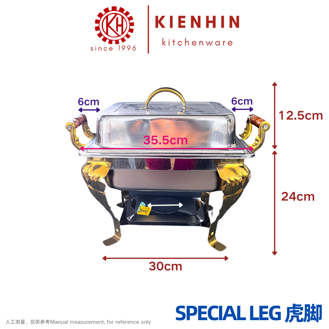 S/S RECTANGLE CHAFING DISH / BUFFET CONTAINER WITH HIGH-LEG HOLDER | 不锈钢镀金方形虎脚/直脚餐炉 (GOLD)