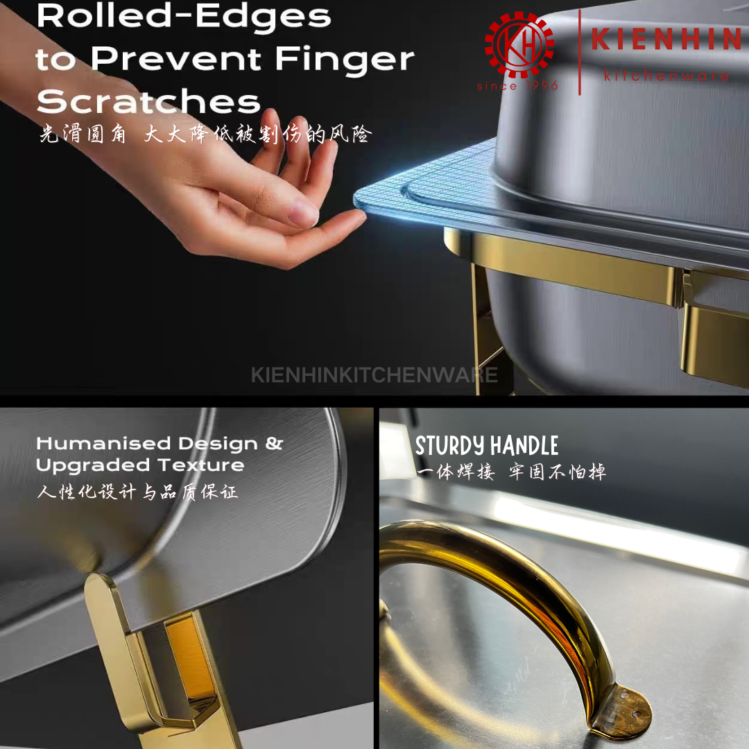 S/S RECTANGLE CHAFING DISH / BUFFET CONTAINER WITH HIGH-LEG HOLDER | 不锈钢镀金方形虎脚/直脚餐炉 (GOLD)