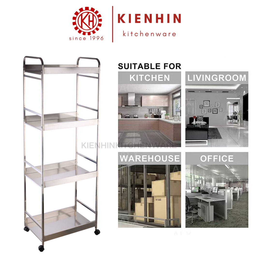 S/S MULTIPURPOSE ROLLER RACK 4 LAYER | TROLLEY RACK | 4 TINGKAT TROLI RAK BERODA | 有轮4层白钢置物架 | 推车置物架