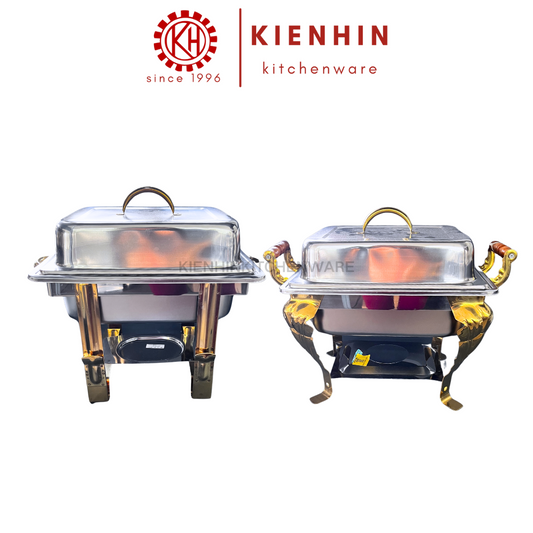S/S RECTANGLE CHAFING DISH / BUFFET CONTAINER WITH HIGH-LEG HOLDER | 不锈钢镀金方形虎脚/直脚餐炉 (GOLD)