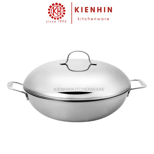 #304 3 LAYER THICKENED FRYING WOK | #304不锈钢三层双耳平底铸钢炒锅 < 30cm/32cm/34cm/36cm/38cm >