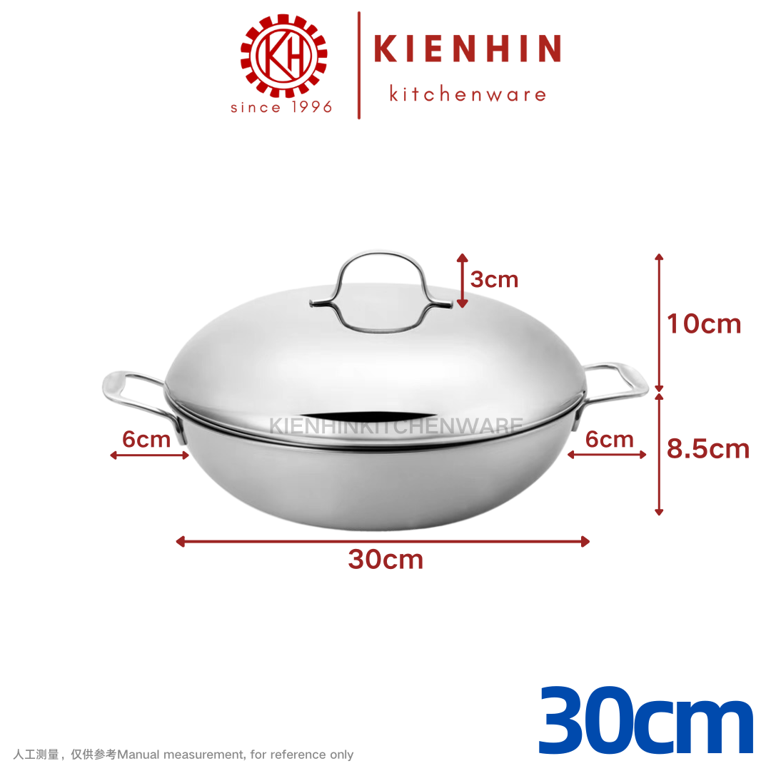 #304 3 LAYER THICKENED FRYING WOK | #304不锈钢三层双耳平底铸钢炒锅 < 30cm/32cm/34cm/36cm/38cm >