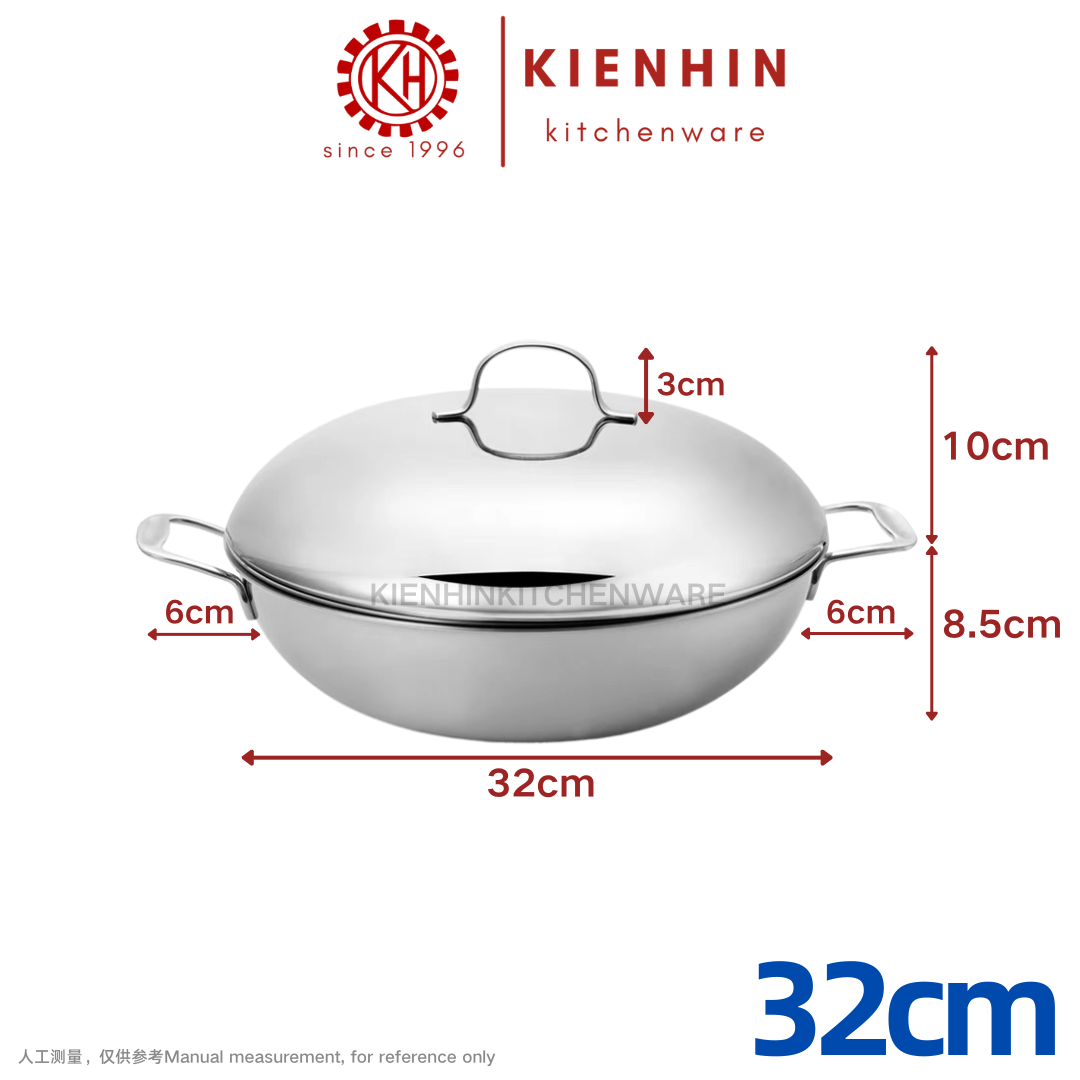 #304 3 LAYER THICKENED FRYING WOK | #304不锈钢三层双耳平底铸钢炒锅 < 30cm/32cm/34cm/36cm/38cm >