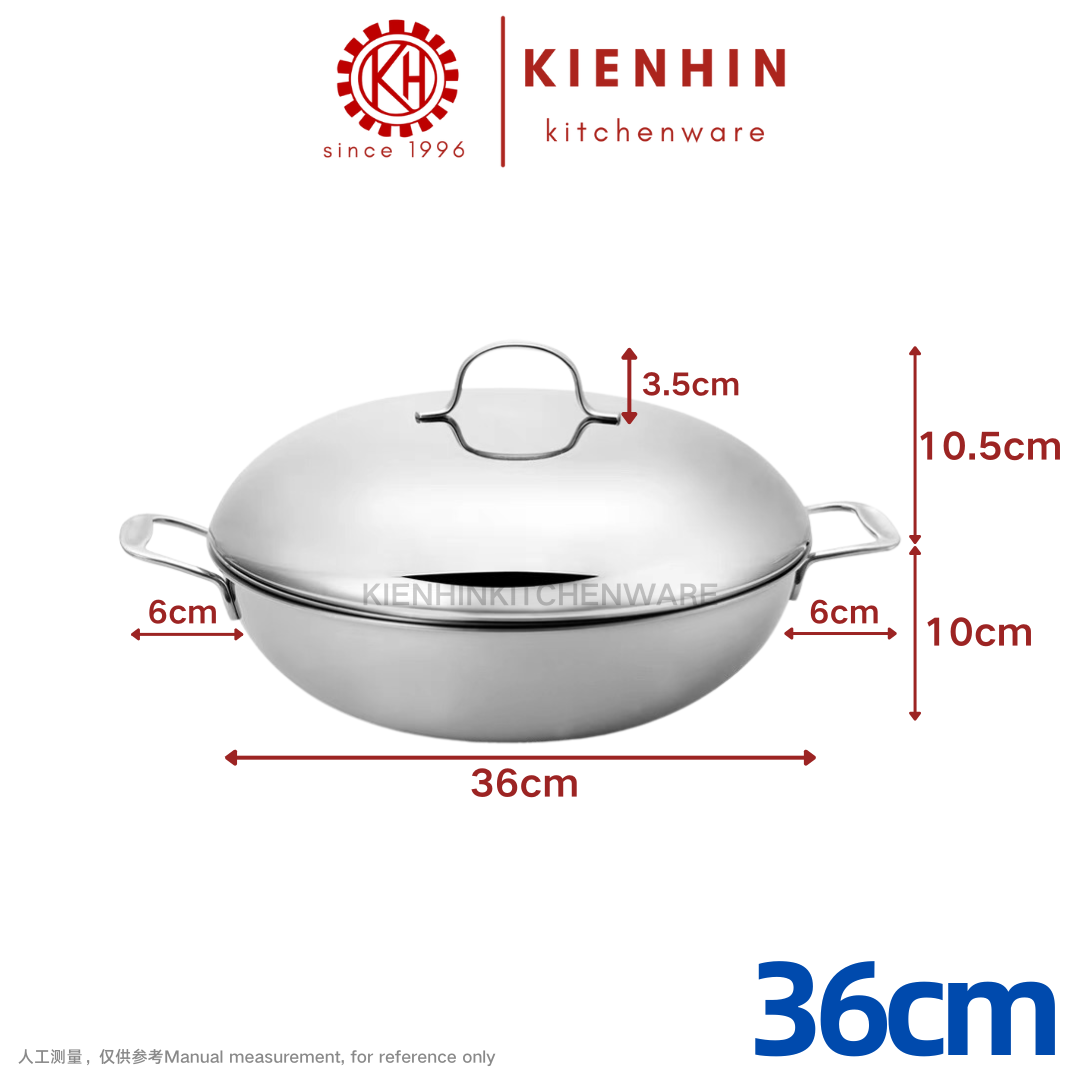 #304 3 LAYER THICKENED FRYING WOK | #304不锈钢三层双耳平底铸钢炒锅 < 30cm/32cm/34cm/36cm/38cm >
