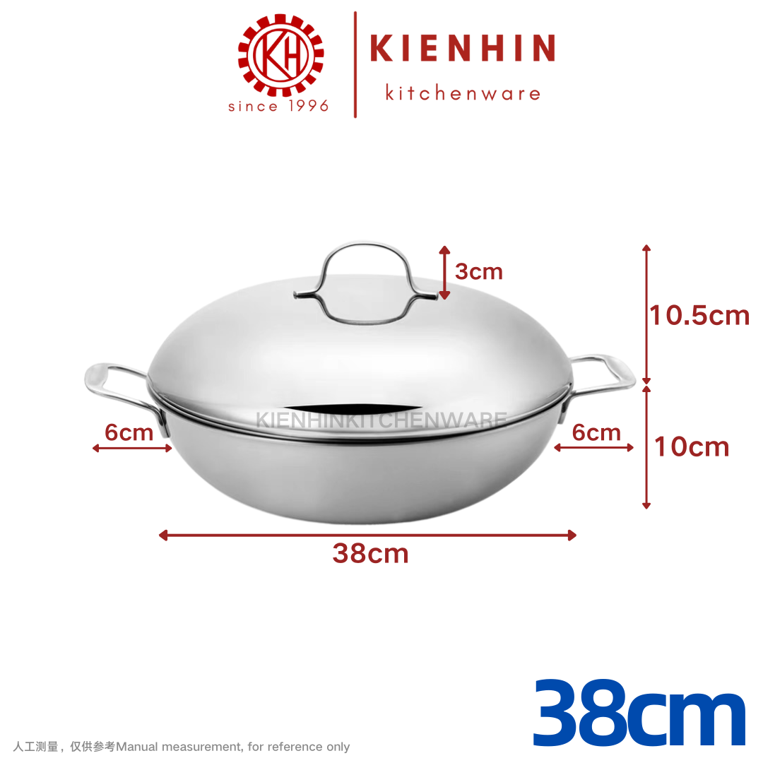 #304 3 LAYER THICKENED FRYING WOK | #304不锈钢三层双耳平底铸钢炒锅 < 30cm/32cm/34cm/36cm/38cm >