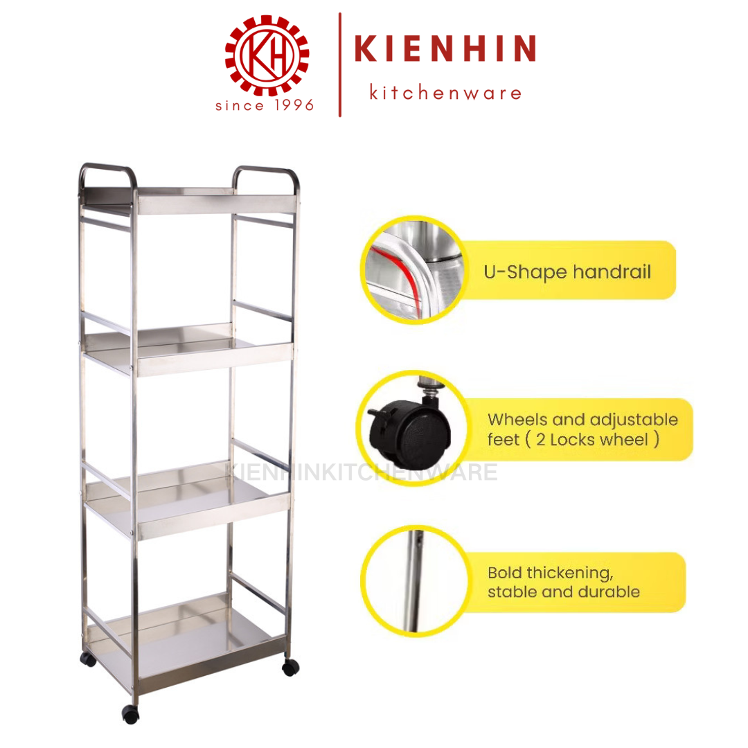 S/S MULTIPURPOSE ROLLER RACK 4 LAYER | TROLLEY RACK | 4 TINGKAT TROLI RAK BERODA | 有轮4层白钢置物架 | 推车置物架